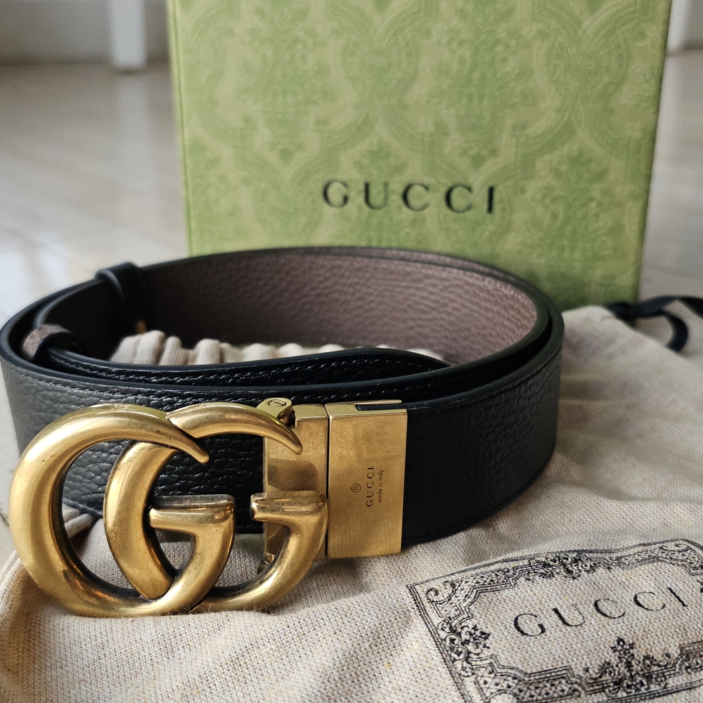 Gucci Reversible Leather Belt with Gold Buckle Black Brown NWOT